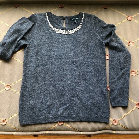 Cynthia Rowley Sweater Merino Wool Gray with Rhinestone Neckline (M) - Picture 6 of 7